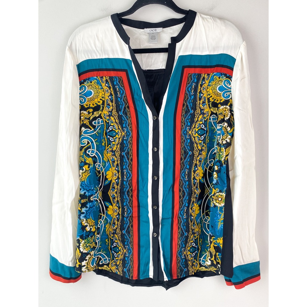 Cashe Womens 100% Silk Long Sleeve Blouse White Baroque Retro Vintage‎ Y2K